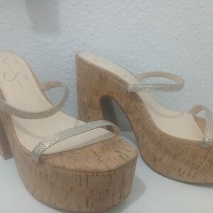 Jessica Simpson Silver and Tan Platform Heels